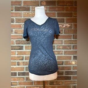 3 Pearls XL Blue Burnt Velvet Pattern Dance Rhinestone Embellished Top